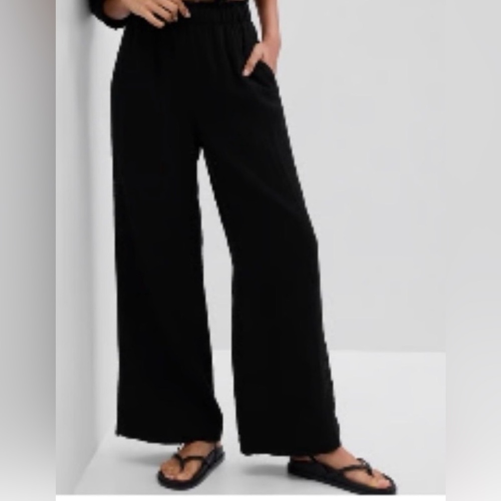 High Rise Crinkle Gauze Wide-Leg Pants Black